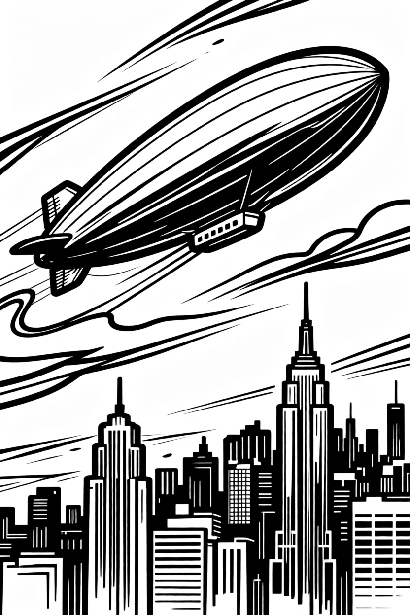 A vintage zeppelin airship drifting above a 1930s city skyline.