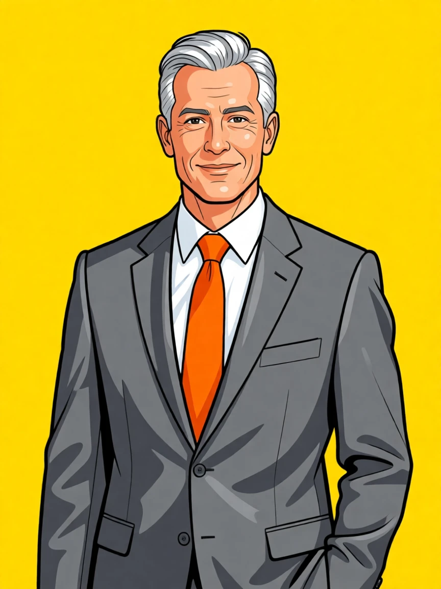 Stylish illustration of a confident senior man in a gray suit with an orange tie, set against a bold yellow background.