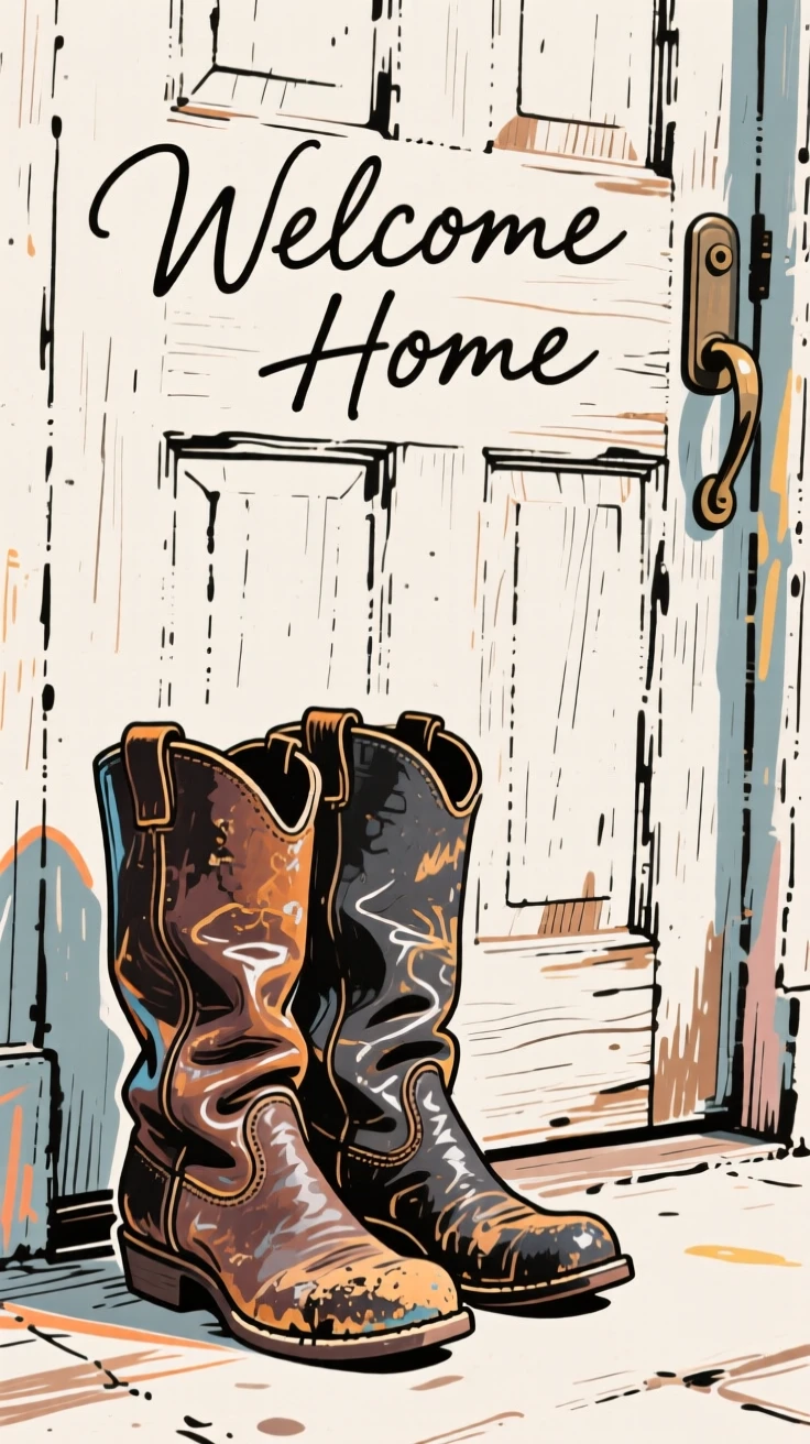 A pair of worn leather boots standing beside a rustic front door.