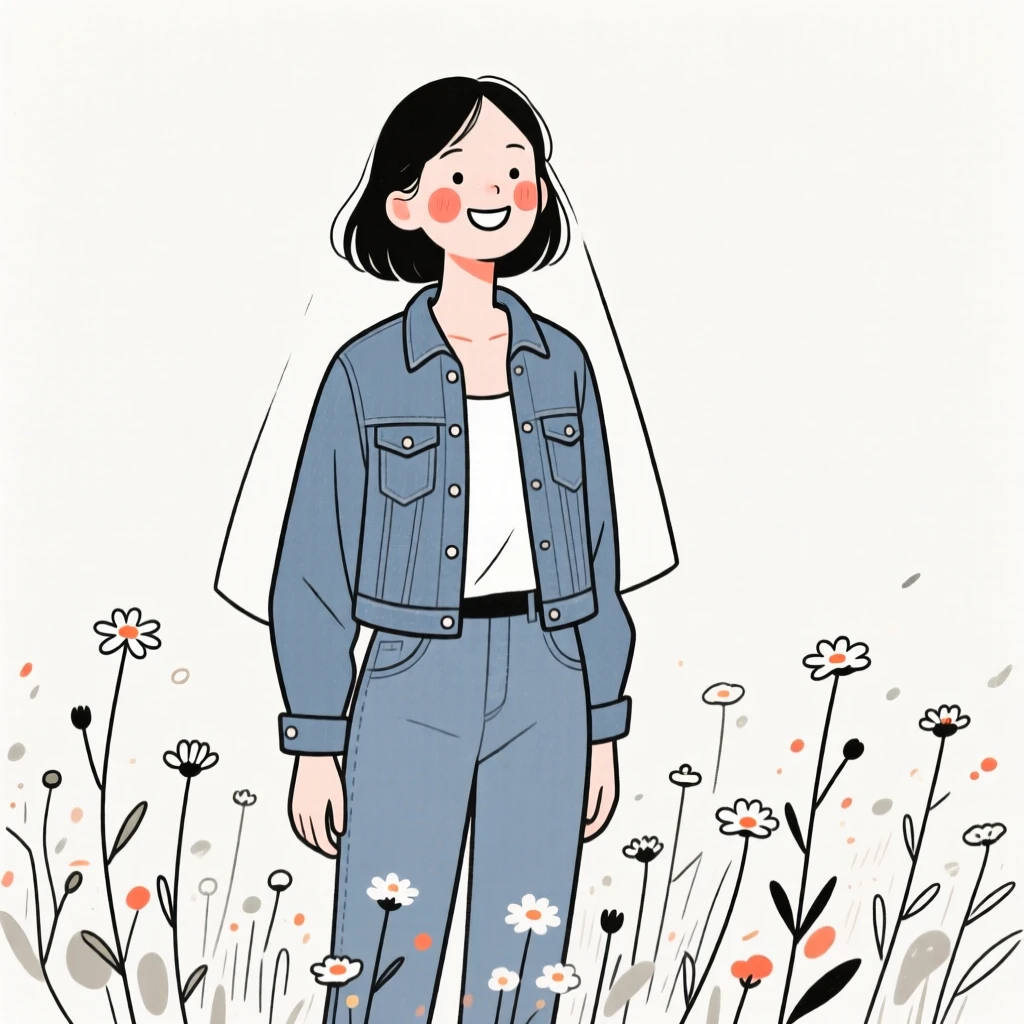 A newlywed woman of French heritage in a denim jacket and jeans, beaming with pride, in a field of wildflowers.