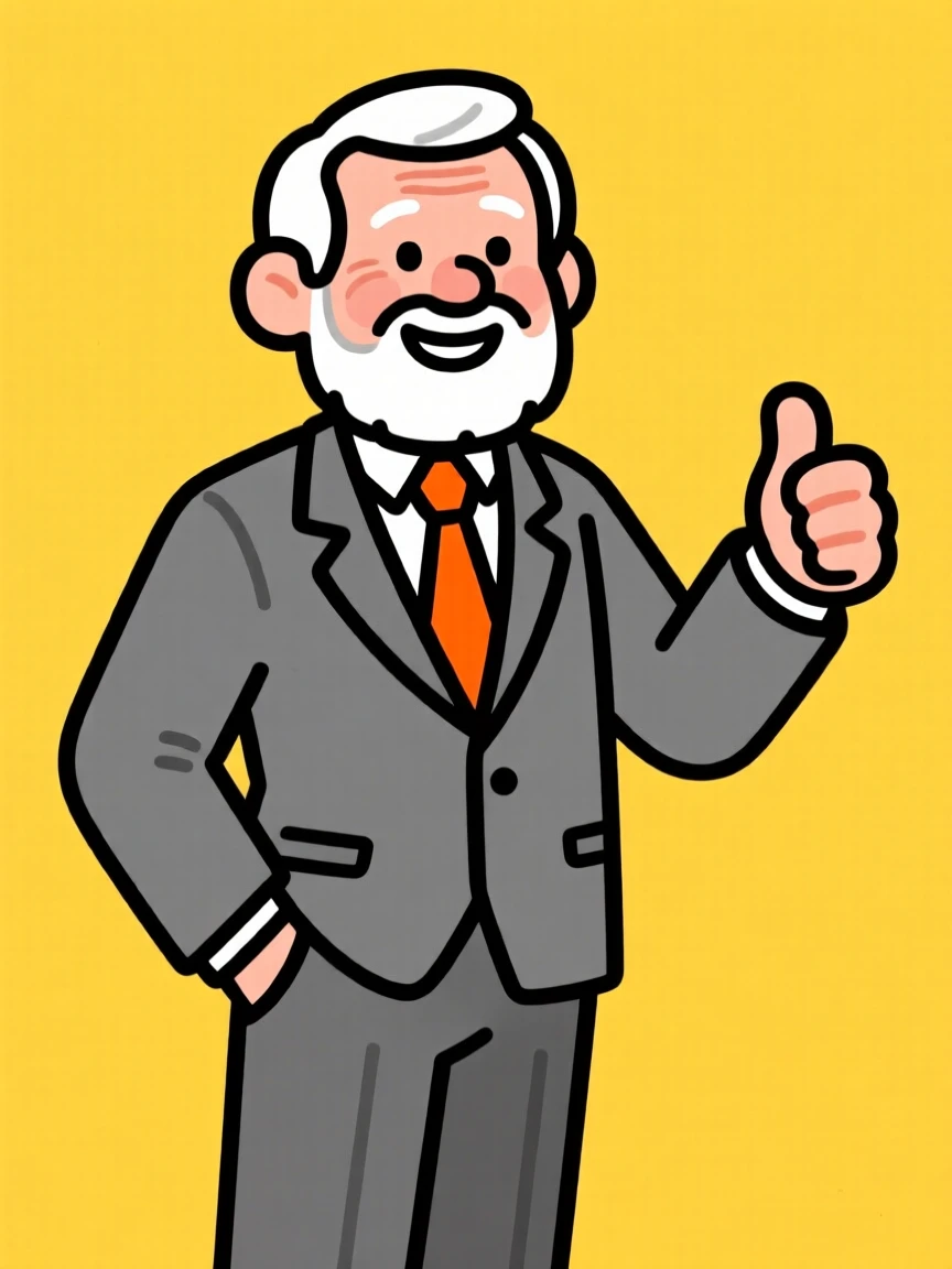 Stylish illustration of a confident senior man in a gray suit with an orange tie, set against a bold yellow background.