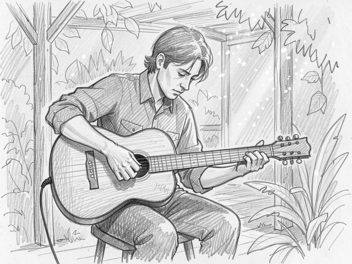 A dynamic action shot of a musician tuning a guitar backstage in a peaceful garden studio, with spray catching the sunlight.