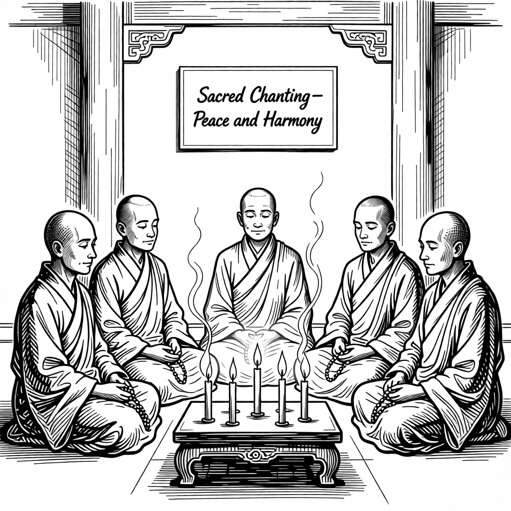 A group of monks chanting together in a candlelit temple hall.