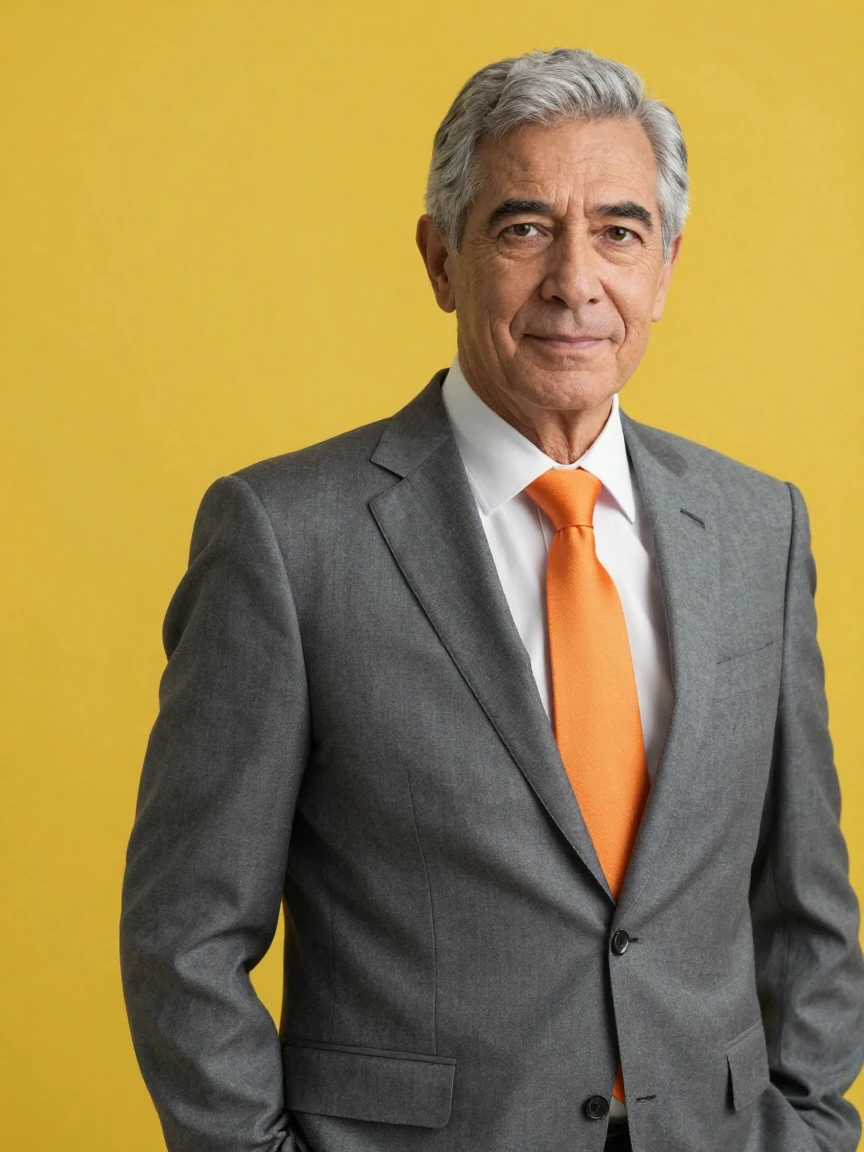 Stylish illustration of a confident senior man in a gray suit with an orange tie, set against a bold yellow background.