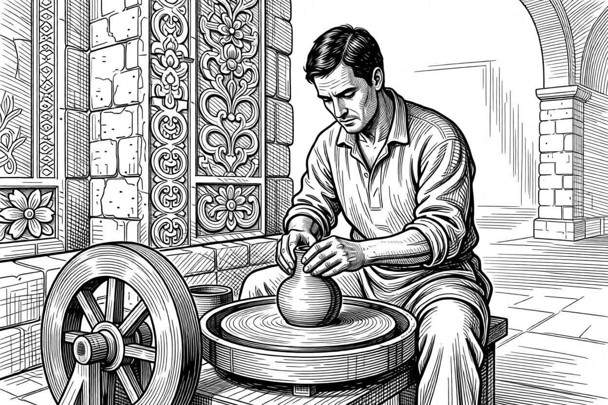 A potter shaping clay at a traditional wheel within the walls of a centuries-old fortress, with ornate carvings adorning nearby structures, portrayed in a deeply rooted in tradition historical scene.
