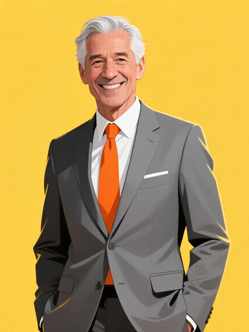 Stylish illustration of a confident senior man in a gray suit with an orange tie, set against a bold yellow background.