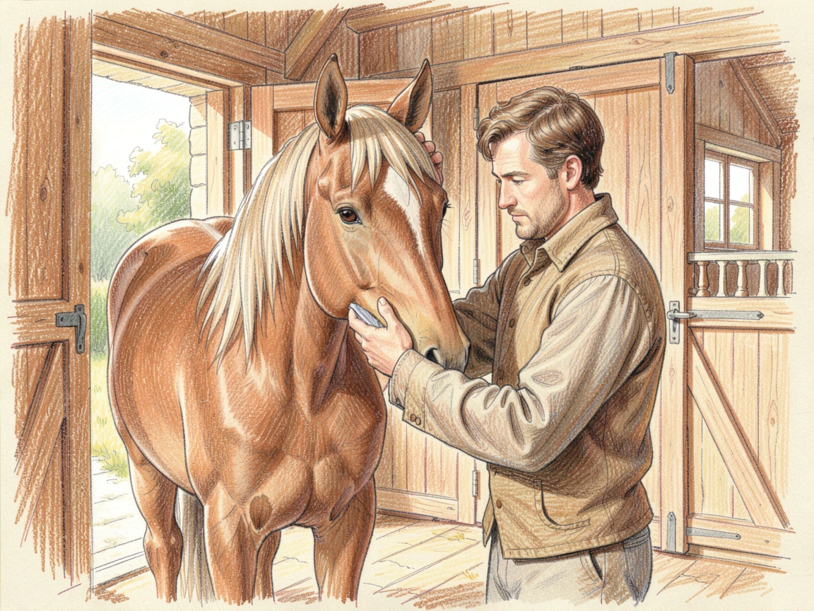 A countryside stable with a groom brushing a gentle horse, captured in a quiet, intimate moment full of atmosphere, full of charm, emotion, and visual delight.