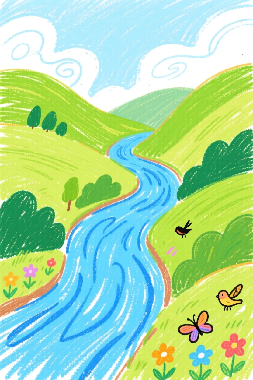 A winding river cutting through a lush green valley.