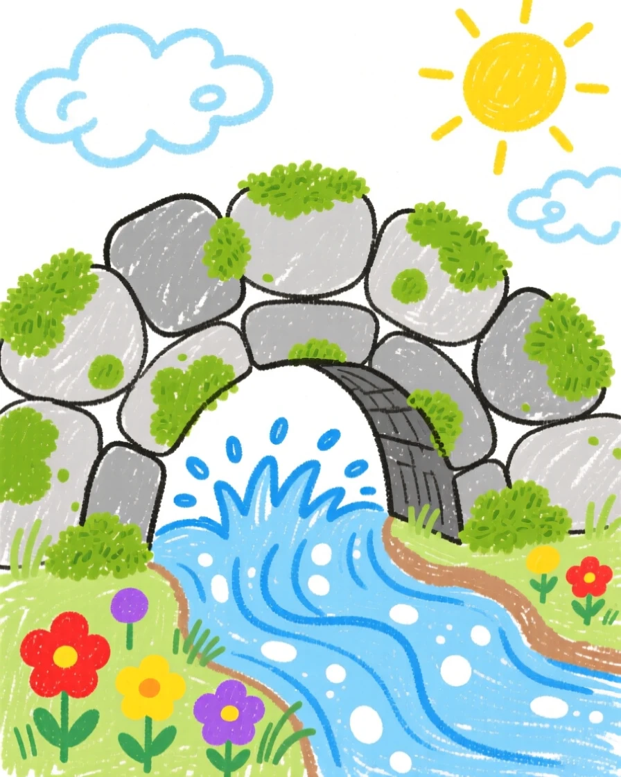 A mossy stone bridge over a babbling brook.