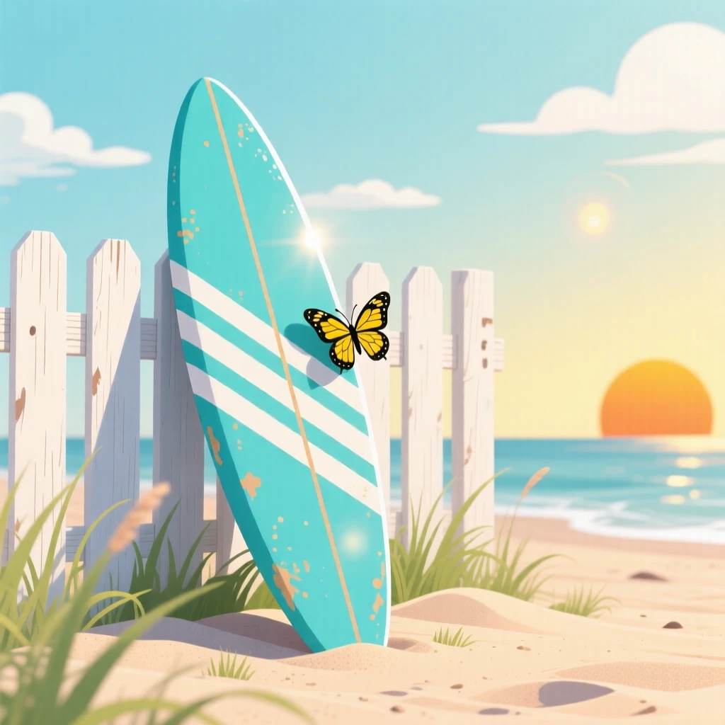 A summer surfboard resting against a sun-bleached beach fence, set against a backdrop celebrating the season's charm, composed to capture the unique charm of the season, with a fresh, crisp atmosphere throughout.