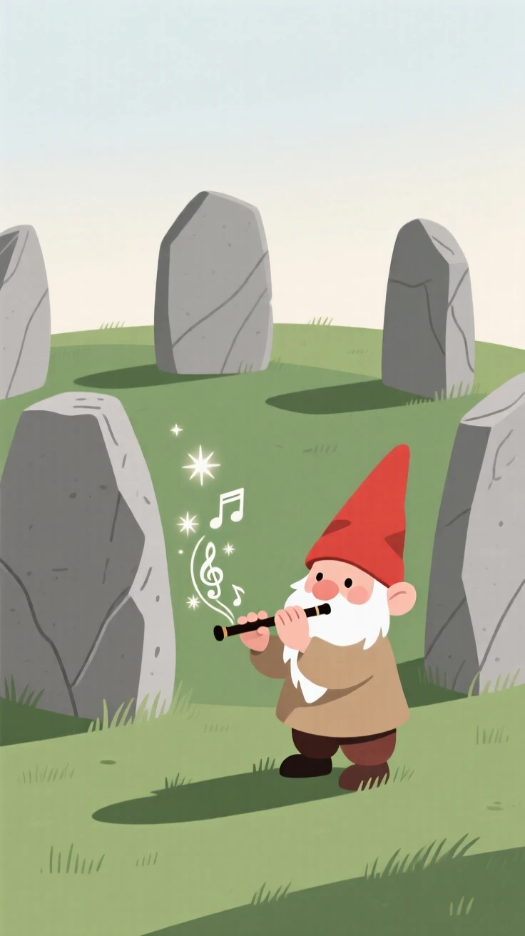 A tiny gnome playing a magical flute near an ancient stone circle.
