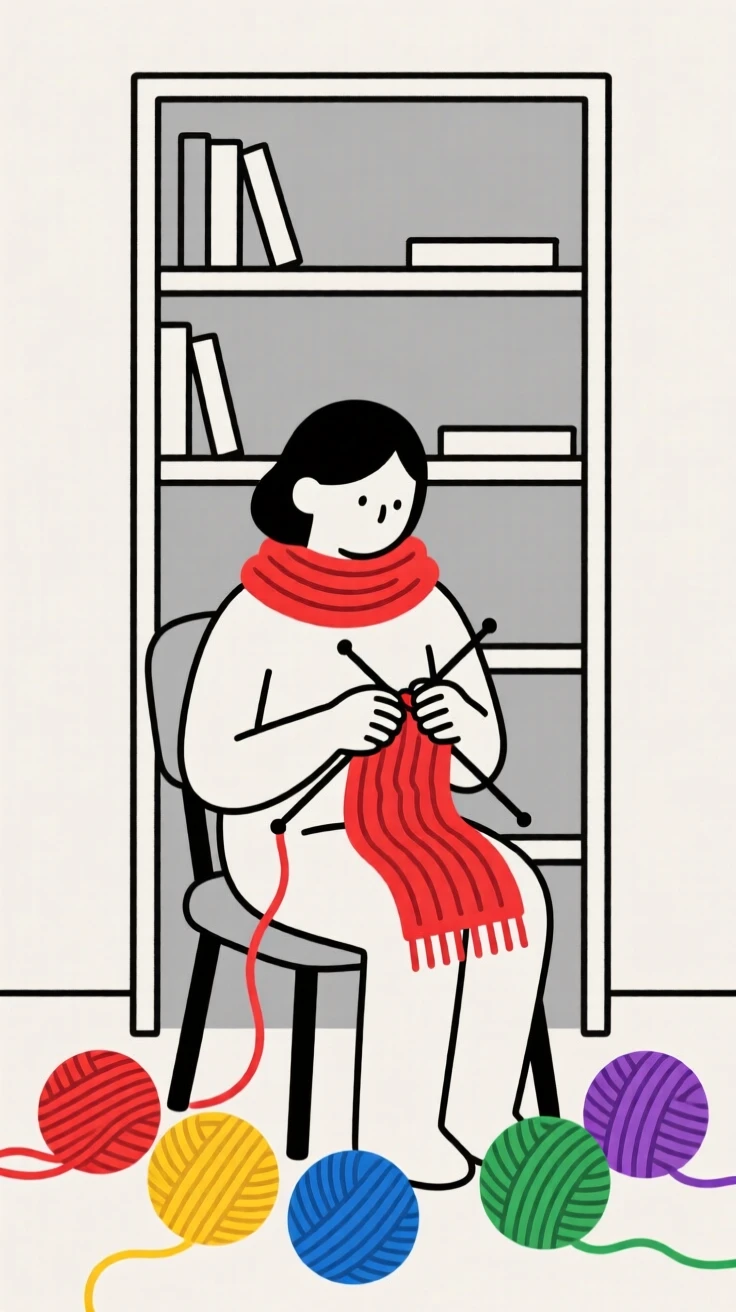 A person knitting a scarf in a small home library, surrounded by balls of colorful yarn, showing creative flow.