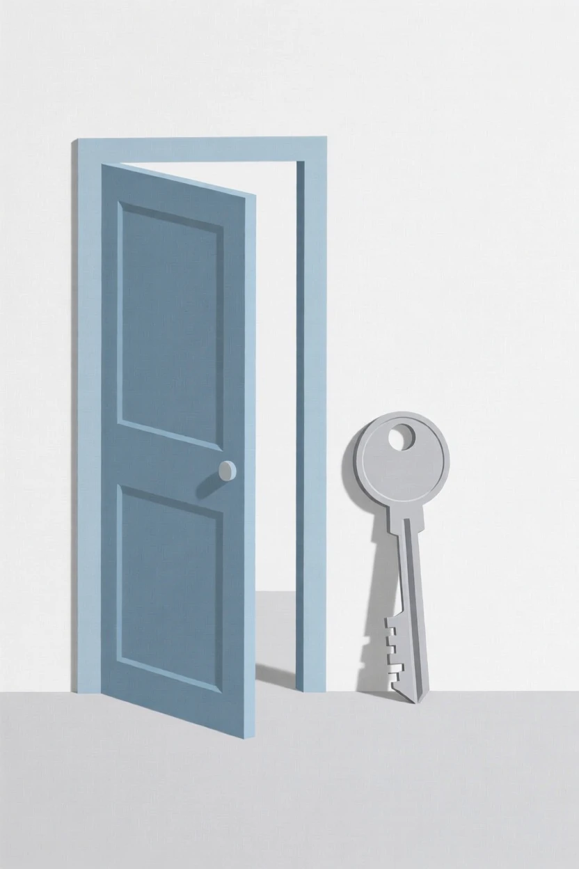 A key resting beside an open door