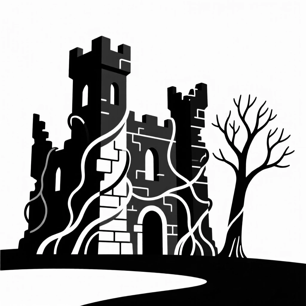A ruined castle overtaken by nature.