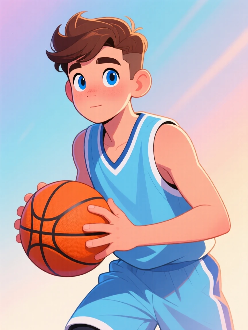 Stylized illustration of a young basketball player with brown hair, blue eyes, and a light blue jersey holding a basketball.