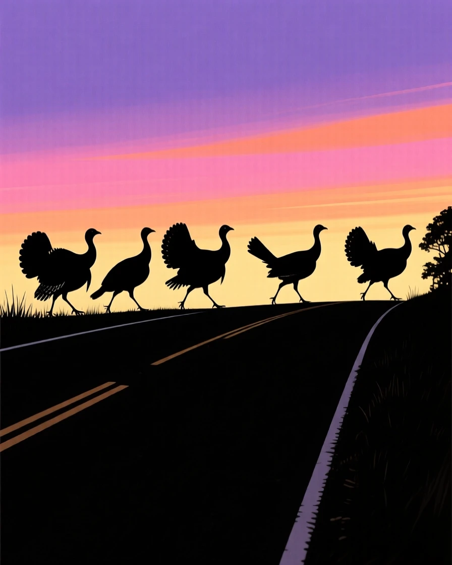 A group of wild turkeys crossing a quiet country road at dawn.