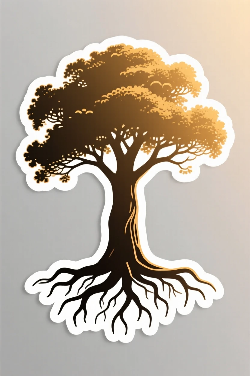 A quietly powerful scene of a tree standing strong with roots visibly anchoring it deep, bathed in warm golden light, symbolizing quiet strength and resilience.