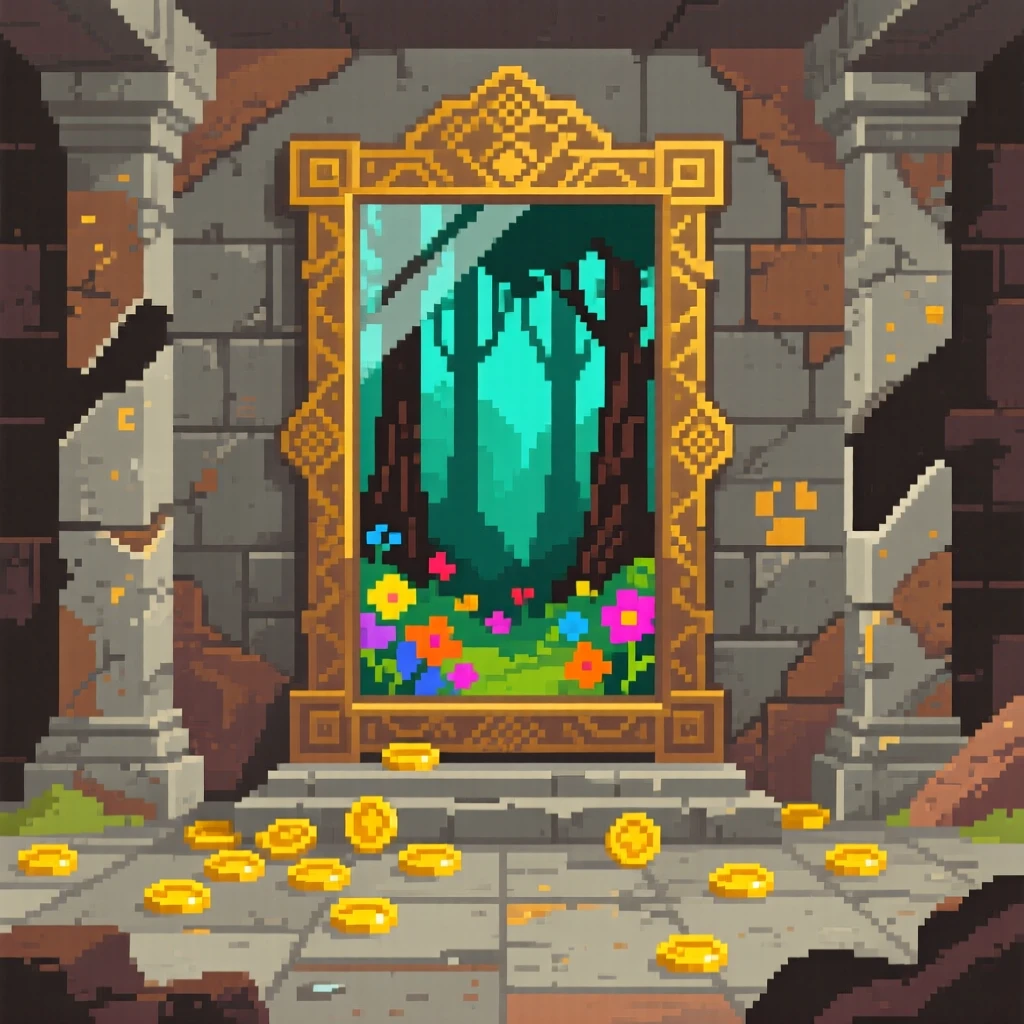 A mirror that shows another world surrounded by scattered gold coins, inside a forgotten temple chamber.