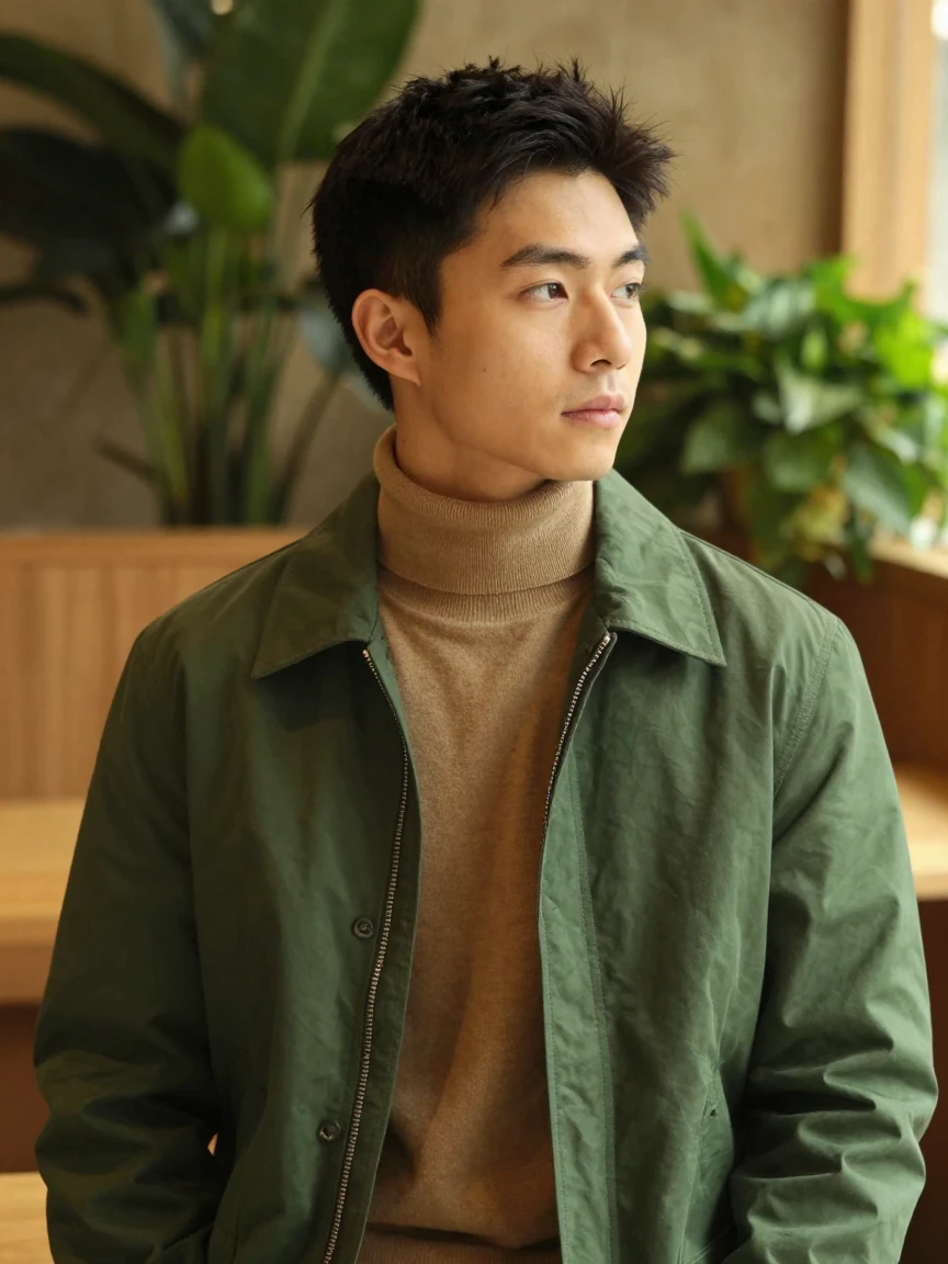 Young man in a green jacket and tan turtleneck gazing thoughtfully, with a warm, blurred background of plants and wooden elements.