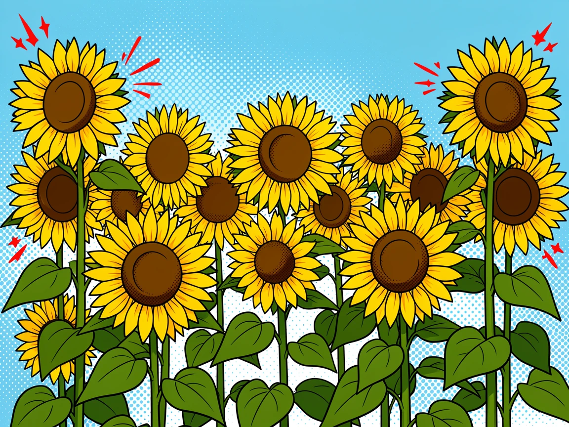 Rows of sunflowers ready for harvest under a clear sky
