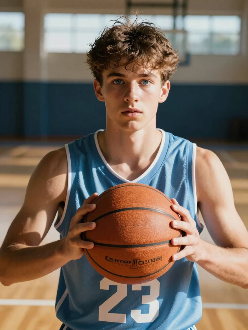 Stylized illustration of a young basketball player with brown hair, blue eyes, and a light blue jersey holding a basketball.