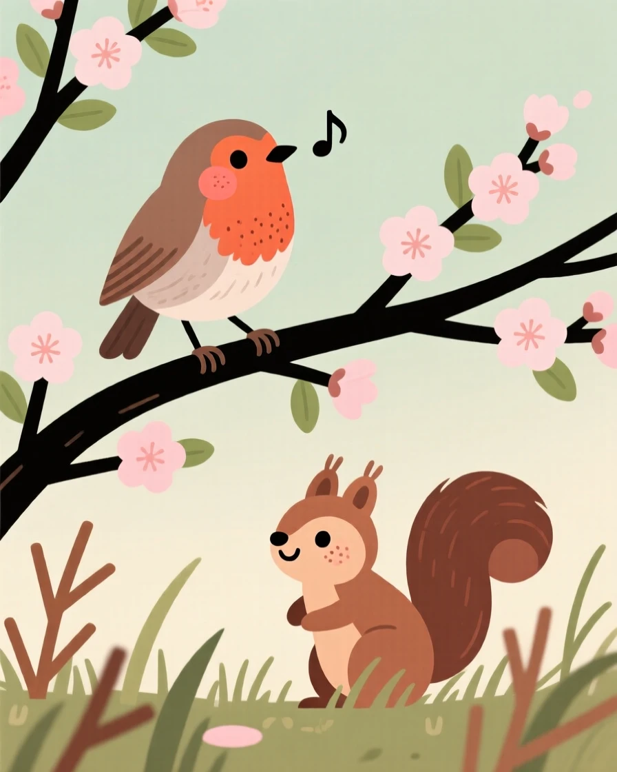 A robin perches on a blossoming branch, singing softly while a squirrel moves quietly through the underbrush below.