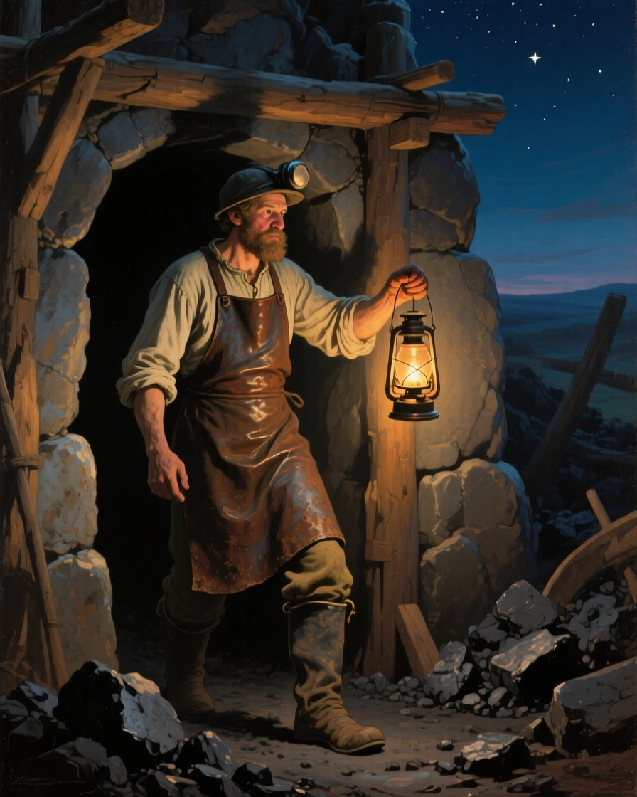 A medium shot of a coal miner emerging from a mine shaft, lamp in hand, under the night sky, in the Renaissance period.