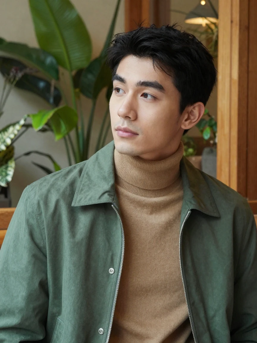 Young man in a green jacket and tan turtleneck gazing thoughtfully, with a warm, blurred background of plants and wooden elements.