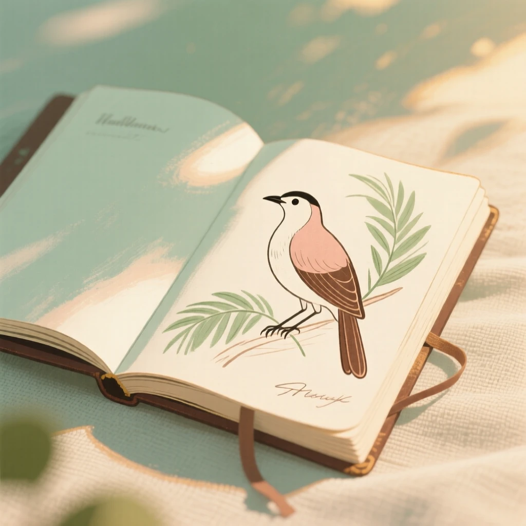 A naturalist's journal open to a sketch of a rare tropical bird