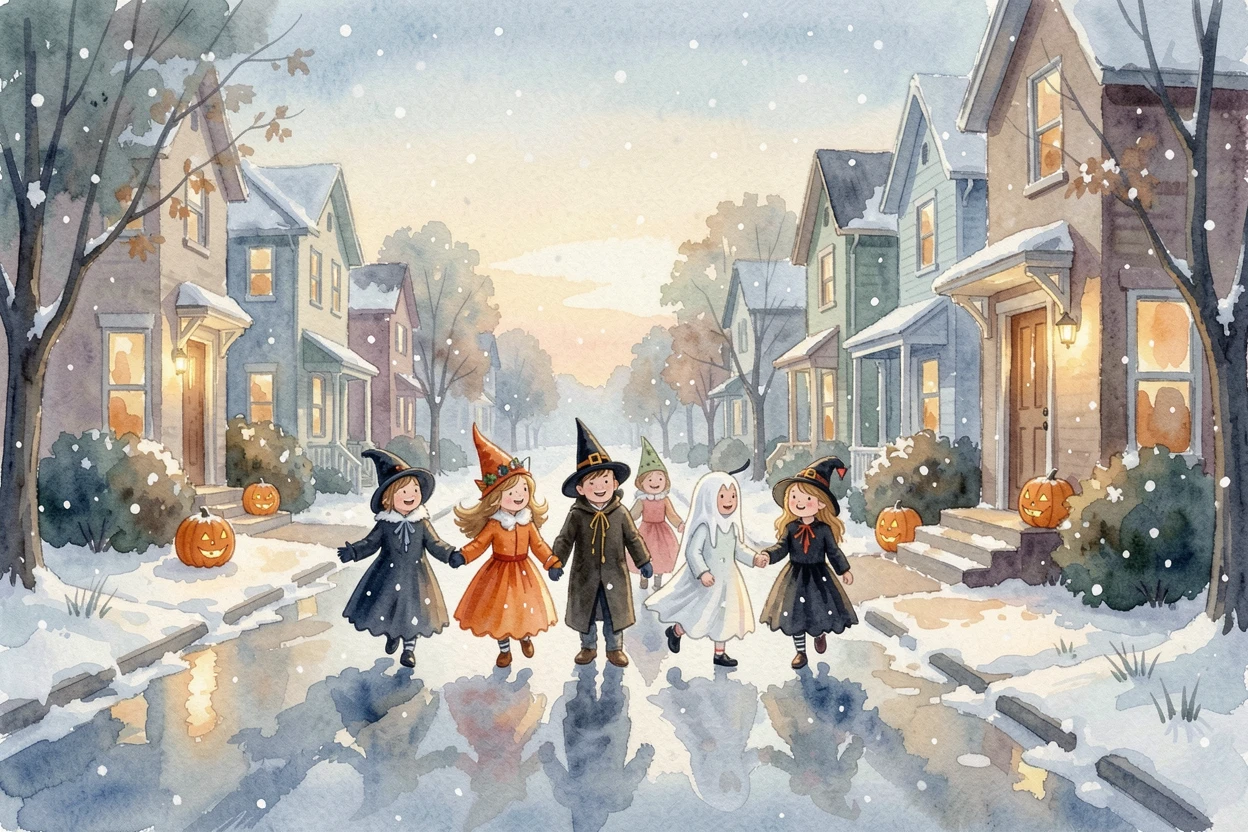 Children trick-or-treating on a quiet suburban street with soft snow gently falling.