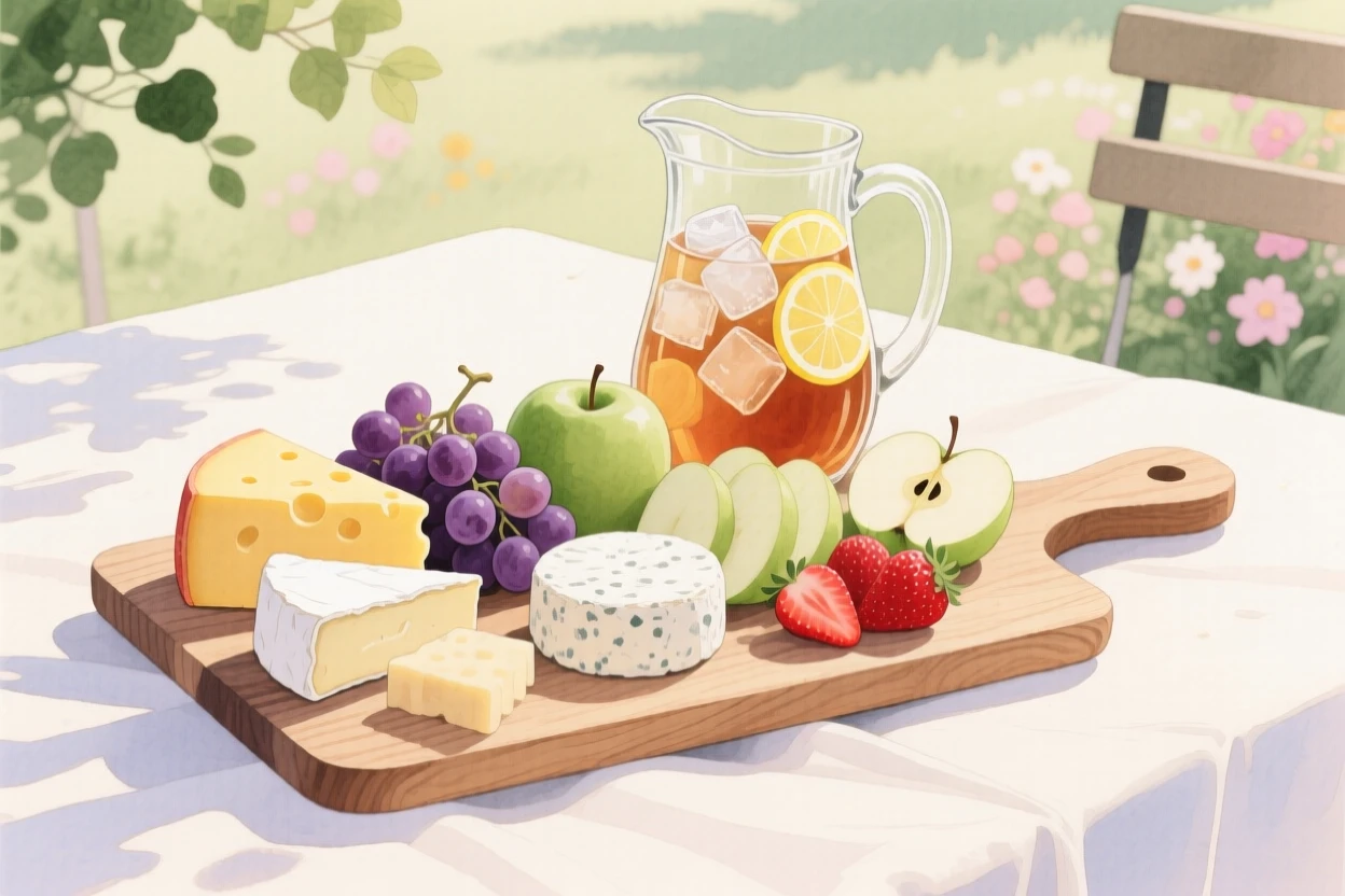 A wooden board of cheese and fruit sits beside a pitcher of iced tea at an outdoor garden party, arranged beautifully for a delightful meal
