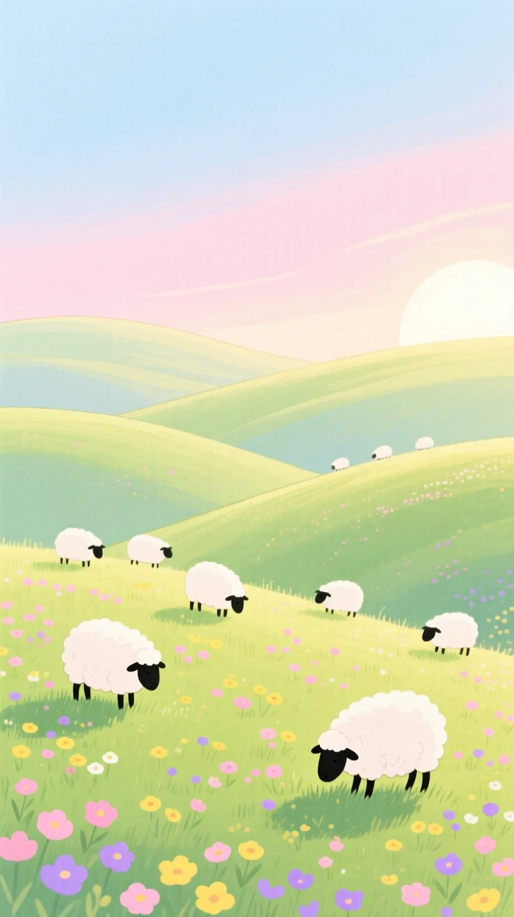 Rolling hills dotted with grazing sheep, peaceful and vast, at first light in spring.