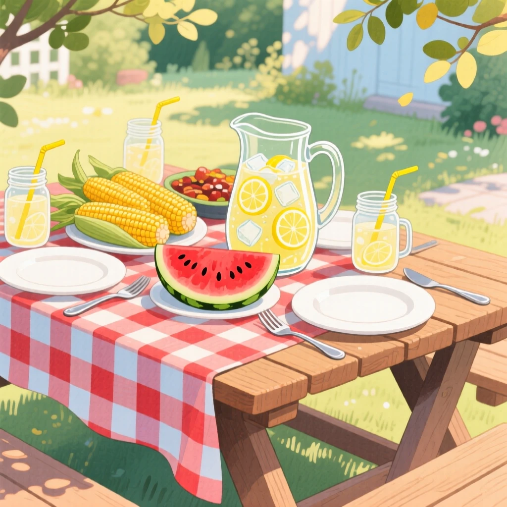 A table set for a summer barbecue with corn, watermelon, and lemonade, radiating delicious coziness.