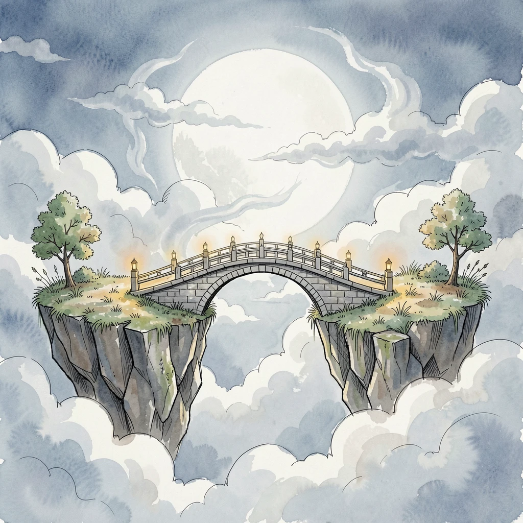 A moonlit bridge arching between two floating islands in the clouds, swirling light and mist adding a dreamlike quality.