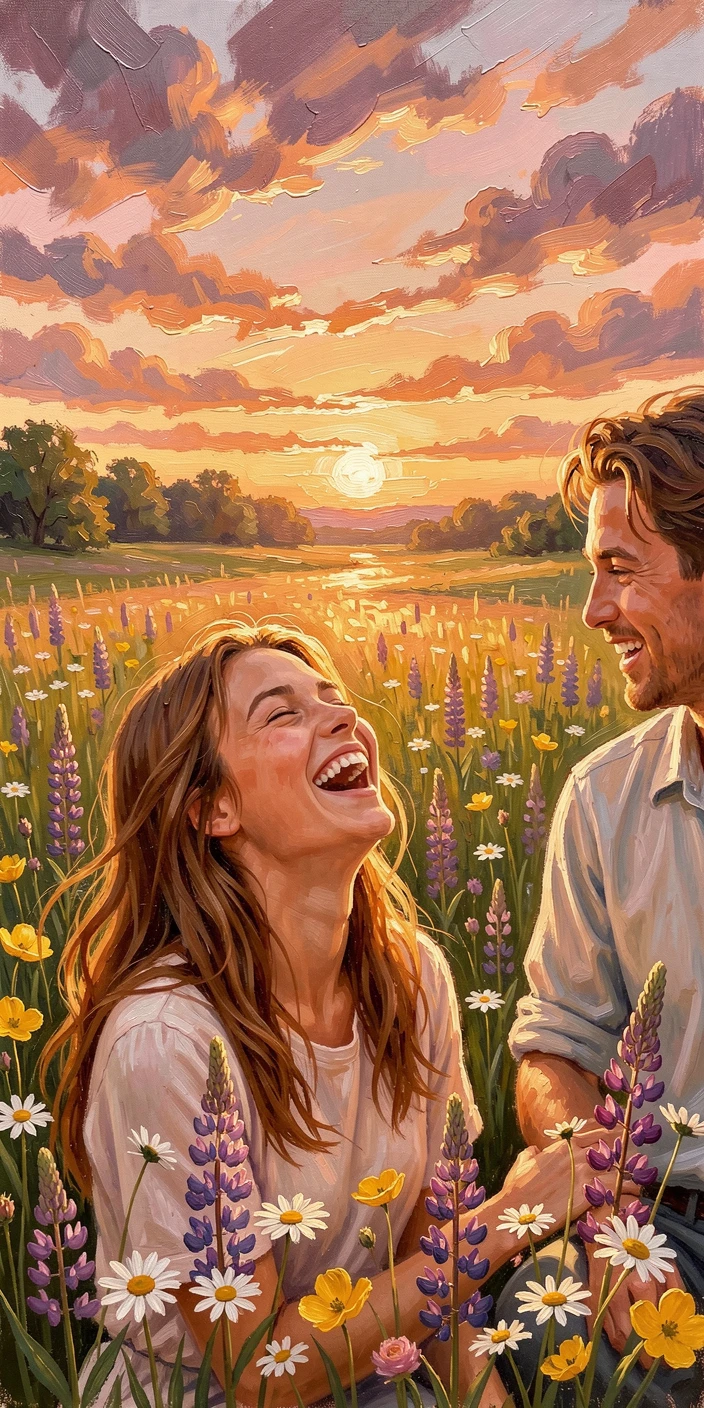 In a sunlit meadow scattered with wildflowers, a young woman laughing joyfully with her head tilted back, an easy, warm conversation with a companion, at sunset, colors deepening across the sky.