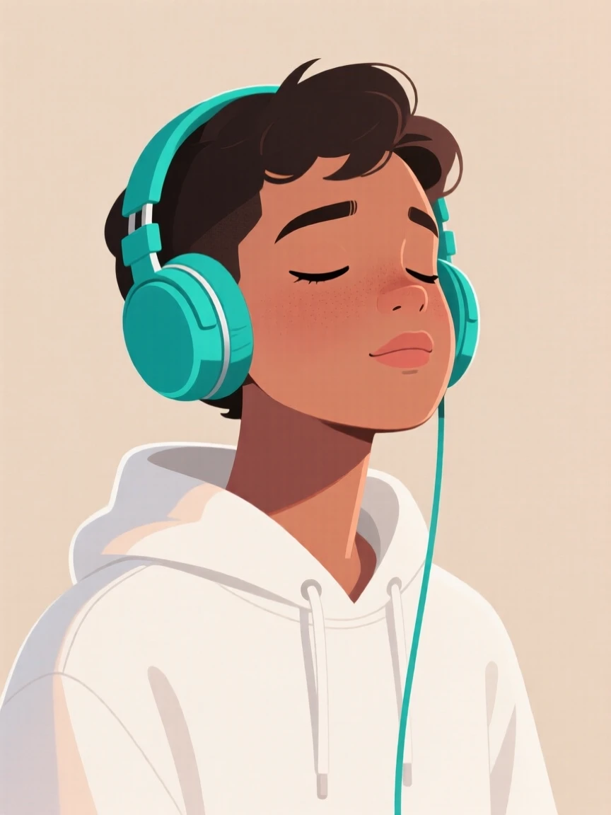 Stylized illustration of a person with teal headphones and a white hoodie, eyes closed, enjoying music against a beige background.