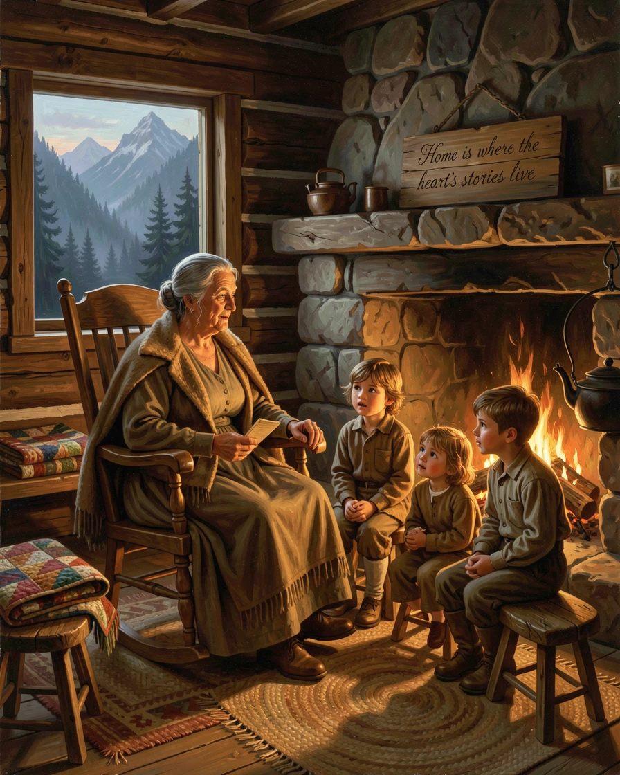 A grandmother tells stories to her grandchildren beside a crackling fire.