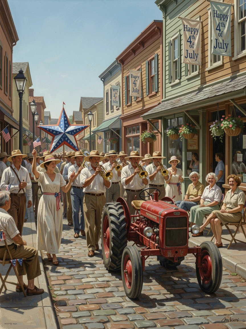 A summer 4th of July parade marching down a small-town main street, with cozy, festive details adding charm to the setting, designed to bring festive cheer to any home or gallery wall