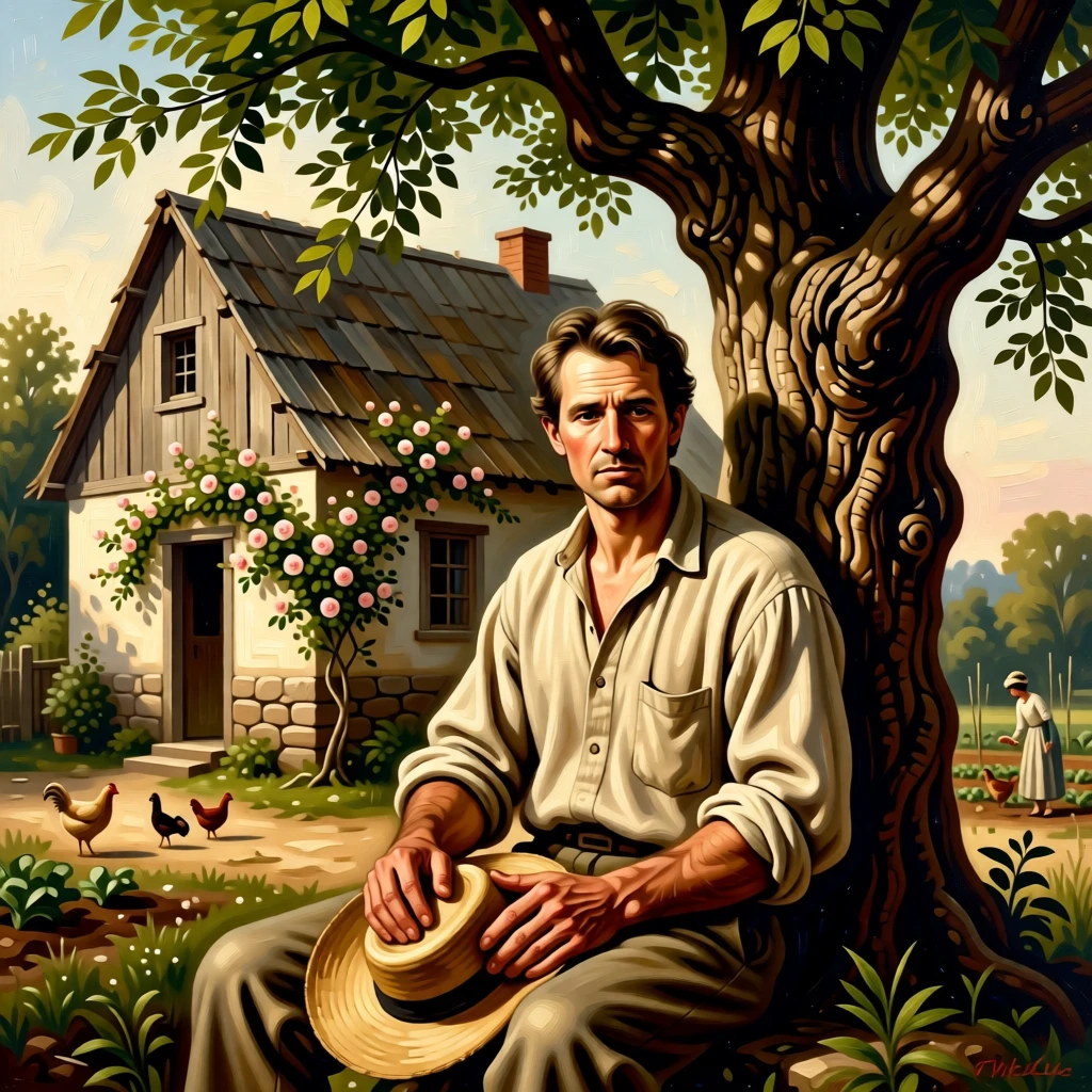 A farmer resting beneath a tree after a long day in the fields in a scene both modest and deeply human, set beside a rustic cottage framed by climbing roses, with worn hands, simple clothing, and the honest textures of daily labor; background activity adds gentle life without distracting from the center, capturing the timeless rhythm of rural and village life.