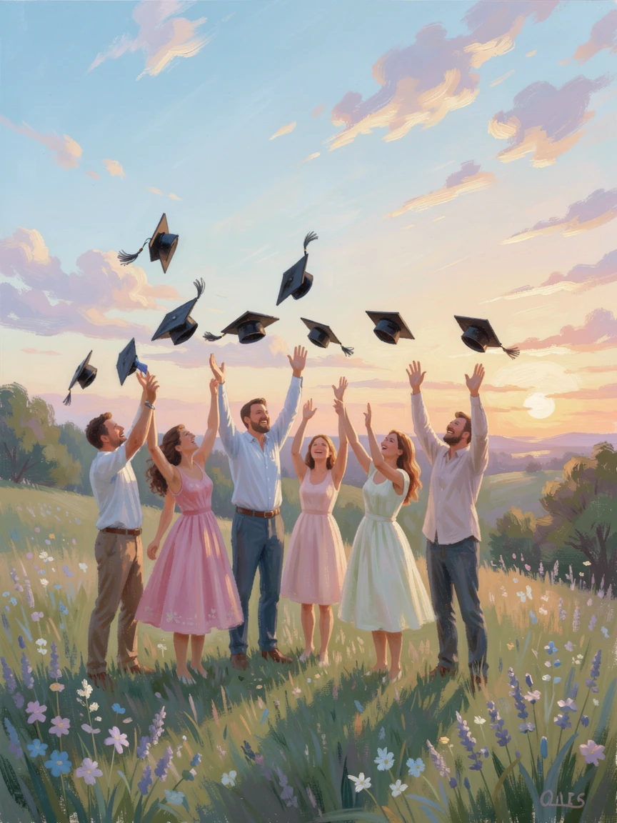 A graduation celebration with a proud family tossing caps into the air under a clear blue sky, under a glowing sunset sky, capturing a fleeting moment of pure happiness.