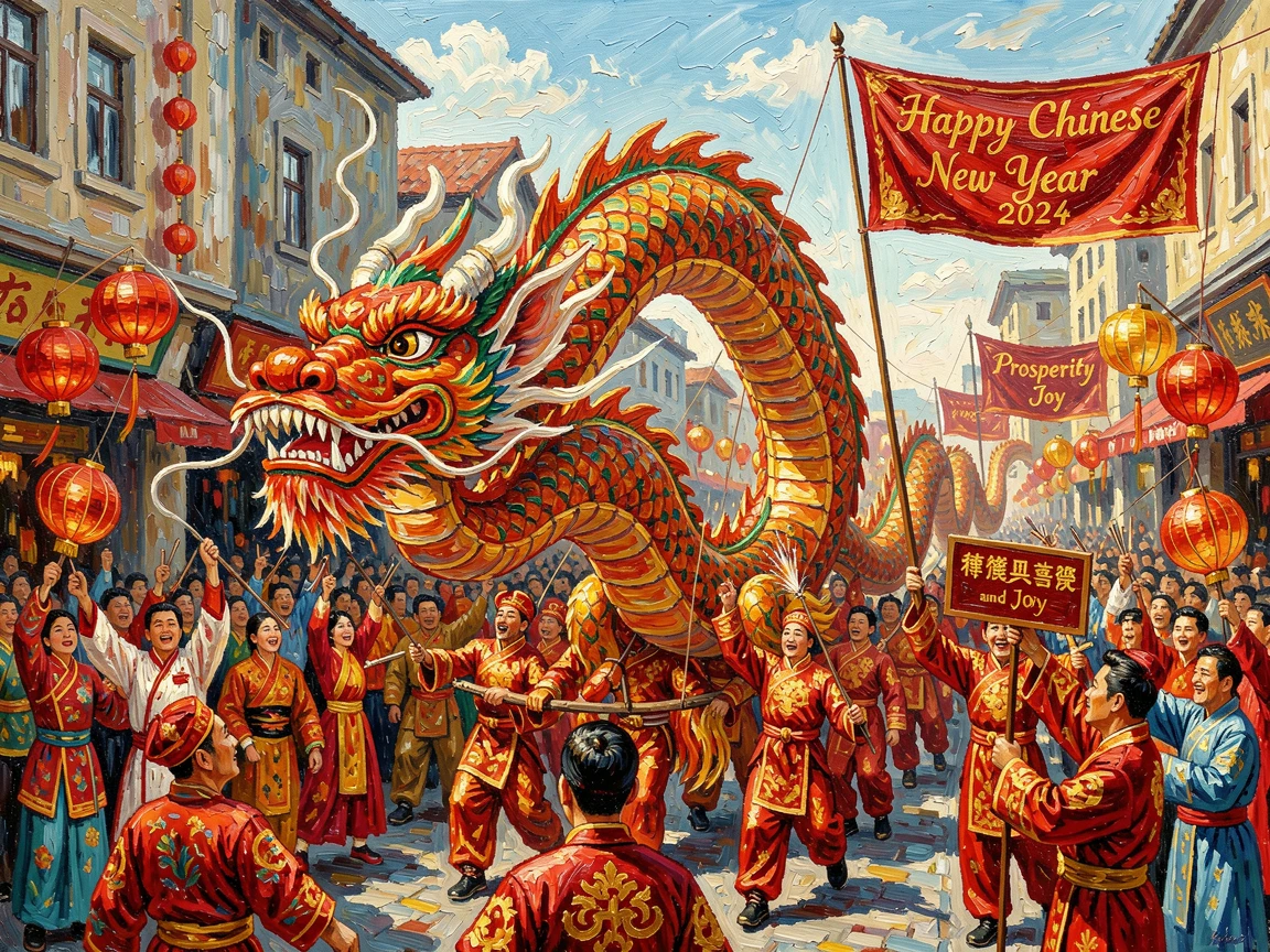 A vibrant street parade celebrating Chinese New Year with a dancing dragon puppet.