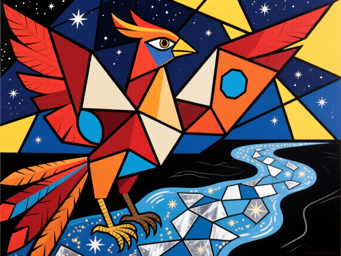 A magical scene of a celestial phoenix beside a river of shimmering stardust.