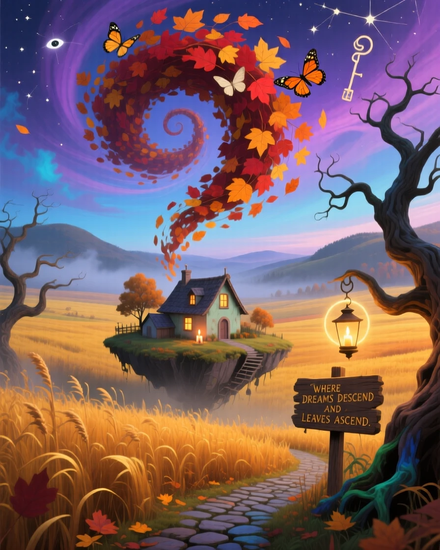 A golden autumn field swept by a slow spiral of falling leaves unfolds gradually above a small, sleeping village, as distant hills fade slowly into soft grey mist.