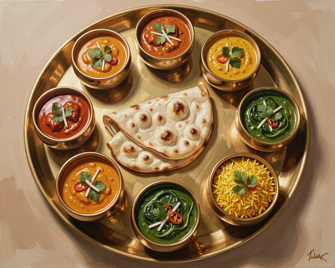 A traditional Indian thali platter shows a colorful array of curries, rice, and warm naan bread arranged in small brass bowls, small garnishes and finishing touches arranged with quiet, deliberate care.