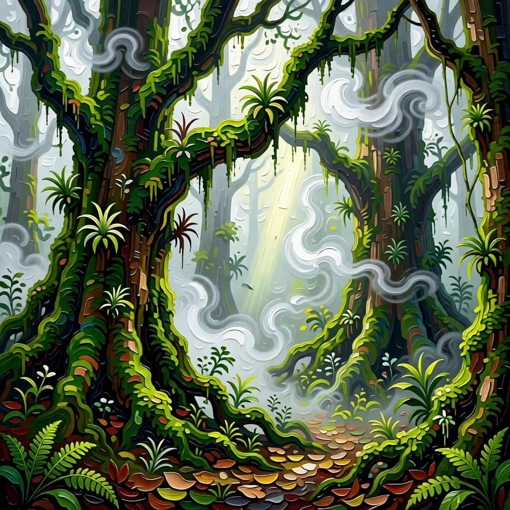 A cloud forest in Costa Rica where thick mist drifts between moss-covered ancient trees
