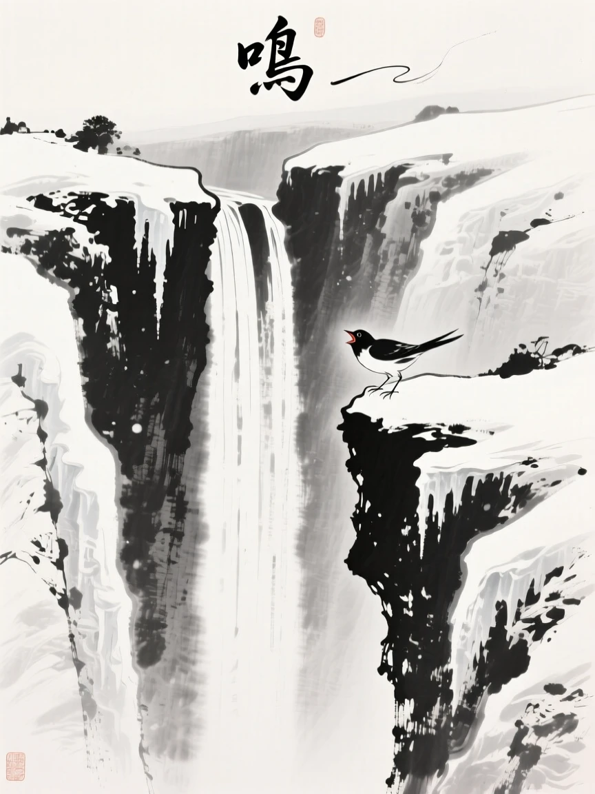 A frozen waterfall hangs suspended between two snow-covered cliffs, as a single bird calls out across the silent landscape.
