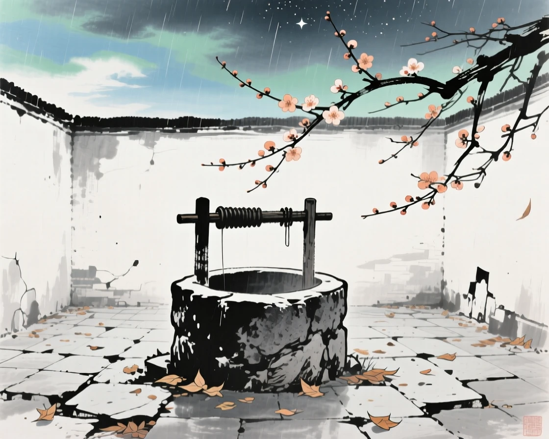 An old stone well standing quietly in an abandoned courtyard, under a sky full of stars, beneath a sky washed clean by rain, as the last plum blossoms cling to bare branches.