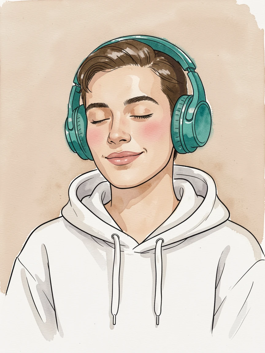 Stylized illustration of a person with teal headphones and a white hoodie, eyes closed, enjoying music against a beige background.