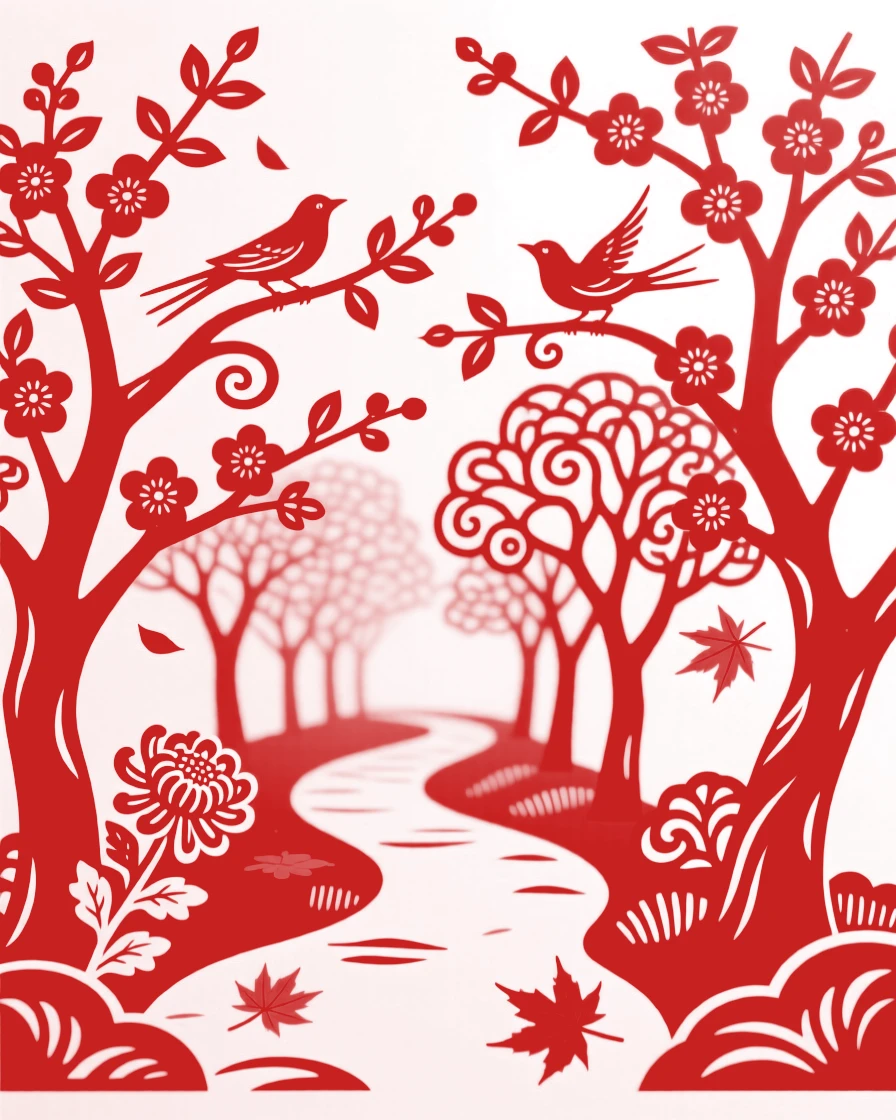 A Autumn scene of a garden path lined with blossoming trees, a gentle wind carrying petals or leaves across the scene.