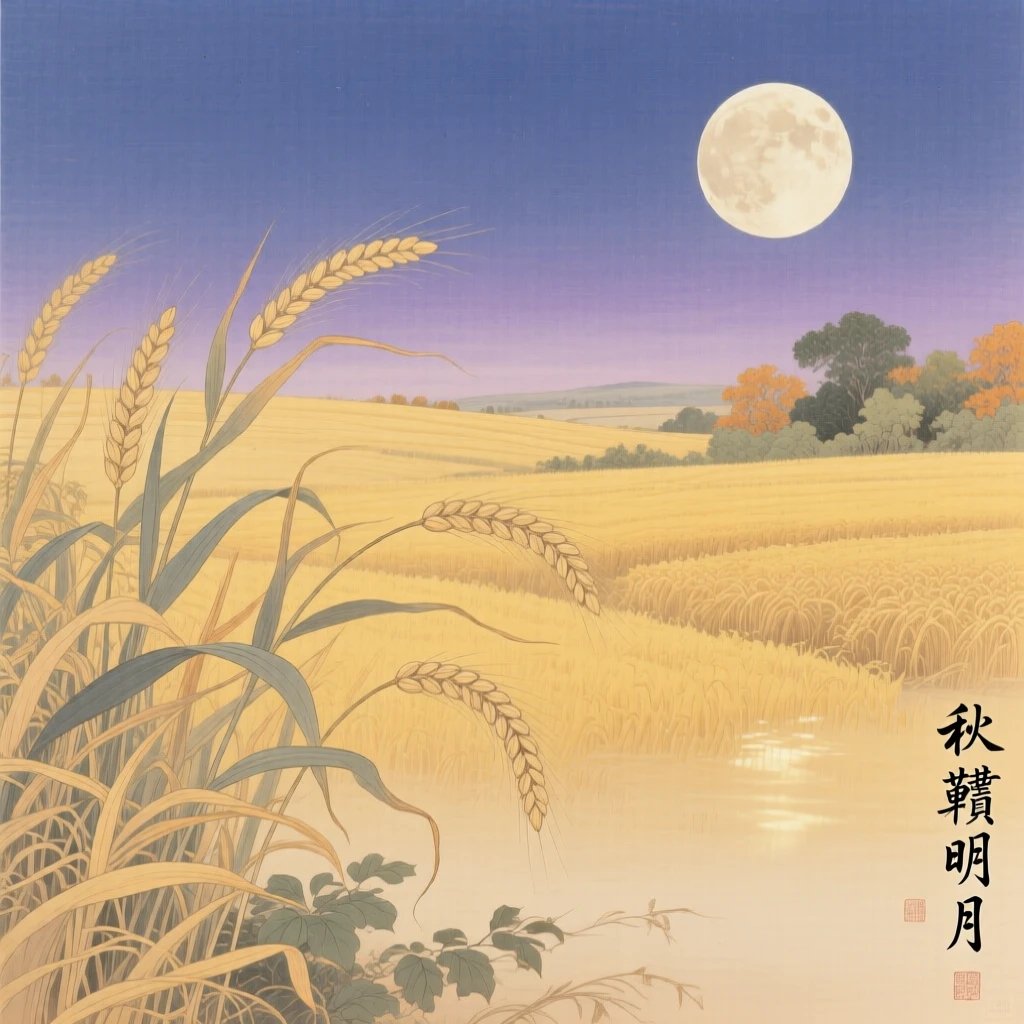 A harvest moon rising over golden fields in early autumn